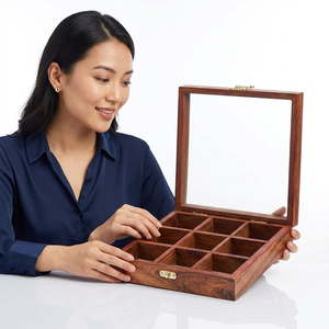 Boîte de rangement en bois avec couvercle en verre, 9 compartiments, finition polie, style antique, boîte d'organisation artisanale - Product Image 1
