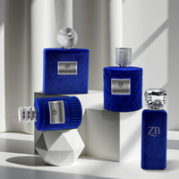 Flacon de parfum carré bleu personnalisé en verre avec finition velours floqué, vide, capacité 100 ml, couvercle métallique pour emballage