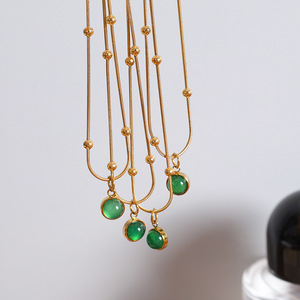 Green Aventurine Round Pendant Necklace 18k Gold Plated <b>Titanium</b> Steel Clavicle <b>Chain</b> Everyday Wear - Product Image 2