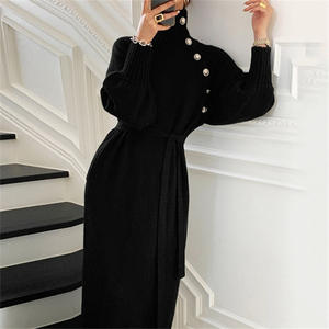 2026 Autumn Winter Women's Casual <b>Knitted</b> Dress With Waist <b>Belt</b> Long Knit Turtleneck Dress - Product Image 2
