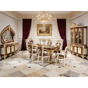 European Style Modern Eco-Friendly Wood Hand Carved <strong>9</strong>-<strong>Piece</strong> Rectangular <strong>Dining</strong> <strong>Set</strong> with Cross Back and Champagne Gold Finish - Product Image 3