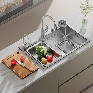Brushed Stainless Steel Workstation Kitchen Sink with Wooden Cutting Board Drying Rack and Pull <b>Down</b> Faucet - Product Image 2