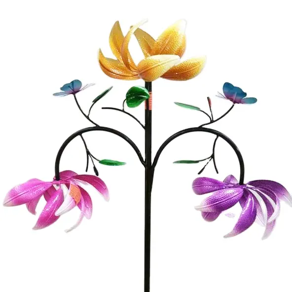 Large Metal Wind Spinner with Three Spinning Flowers and Butterflies Windmill Garden Outdoor Art Decoration