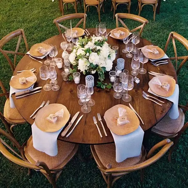 En gros en plein air manger banquet Parti événement meubles en bois de mariage Ronde table de Ferme