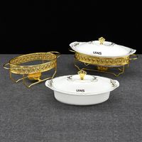 Plat de Présentation Chauffant Ovale en Céramique 1.0/1.5/2.0L Luxe et Or Couronne – Set Chauffe-Plat