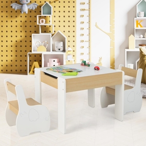 Set Tavolo e Sedie 3 in 1 per <span class=keywords><strong>Bambini</strong></span>, Tavolo in <span class=keywords><strong>Legno</strong></span> con Piano Rimovibile, Lavagna e Vano Portaoggetti per Giochi e Disegno - Product Image 3