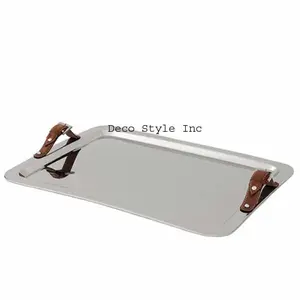 Plateau en acier inoxydable finition NICKEL avec poignées, en cuir gaufré - Product Image 1