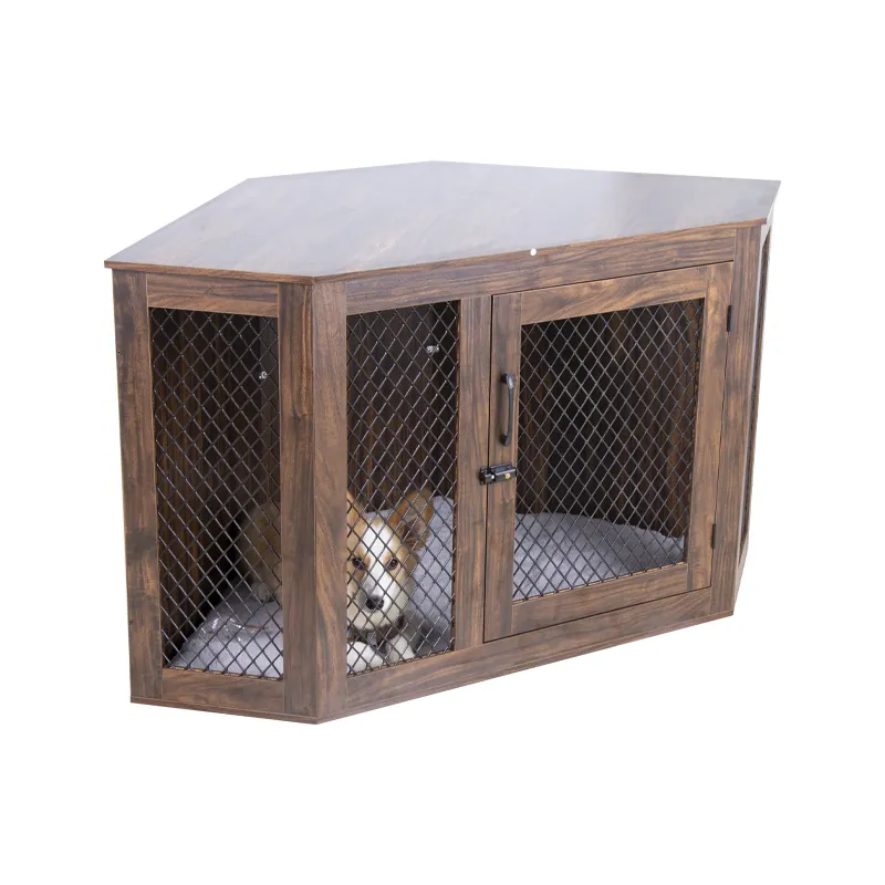 Corner Dog Crate Furniture Wooden End Table with Door Furniture Style Dog House Pet Crate Indoor Use for Small Dogs