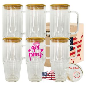 Sublimation Customizable Clear Travel <b>Mug</b> Cup Handle 32Oz 40Oz <b>Double</b> <b>Wall</b> Pre-Drilled Glass Tumbler With Lid and Straw - Product Image 1