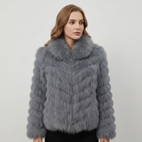 Veste de luxe en vraie fourrure de renard gris pour femme, motif chevron, manteau en fourrure de renard naturelle, couture en V, vêtement d'extérieur en fourrure véritable