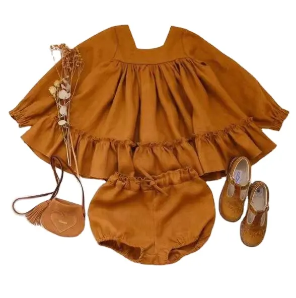 DBFS yürümeye başlayan kız kıyafetler keten sonbahar fırfır kare yaka bluzlar elbiseler sapanlar Bloomers katı bebek giyim setleri keten