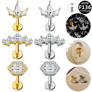 <b>Titanium</b> <b>Stud</b> Earrings Hexagon Zircon Crystal Ear Jewelry For Everyday Wear ASTM F136 <b>Titanium</b> - Product Image 1