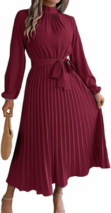 فستان سهرة أنيق وصديق للبيئة بنقشة زهور وياقة عالية وأكمام كاملة مع كشكشة - قابل لإعادة الاستخدام - Product Image 3