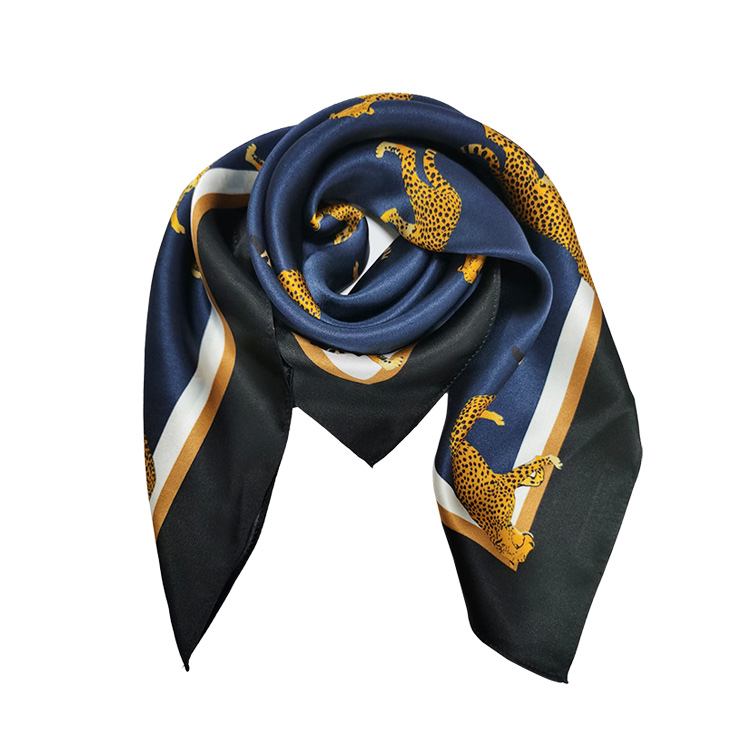 Luxury Silk Satin Scarf Navy Blue Scarf Tiger Pattern Neckerchief Scarf