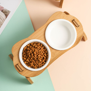 Wooden Pet Bowl Double Elevated Feeder For Cat With Slanted Rim And Tall Stand Rounded Shape LC-46 - Product Image 3