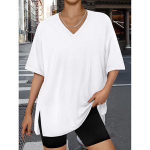 Túnica extragrande con cuello en V, tejido transpirable, corte holgado, dobladillo asimétrico para mujer, ropa informal para hacer ejercicio - Product Image 3