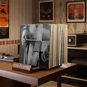 Soporte ajustable de madera para almacenamiento de discos de vinilo Soporte de registros IP Álbum Organizador de revistas Estante de exhibición Capacidad para hasta 50 DVD <span class=keywords><strong>CDs</strong></span> Marrón - Product Image 3