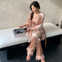 Ensemble de pyjama en velours pour femmes SMOOTH, 3 pièces, automne-hiver, haut de pyjama sexy, pantalon long, robe avec plumes d'autruche, vêtements de détente