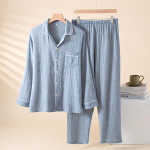 Nuovo <span class=keywords><strong>Pigiama</strong></span> Primaverile e Autunnale 2025 in Puro <span class=keywords><strong>Cotone</strong></span> Tinto in Filo per <span class=keywords><strong>Uomo</strong></span>, Cardigan Casual alla Moda con Colletto e Maniche Lunghe, Completo da Casa di Produzione - Product Image 2