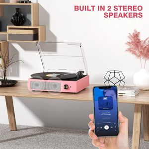 Tourne-disque <span class=keywords><strong>vinyle</strong></span> avec 2 haut-parleurs stéréo, entraînement par courroie, 3 vitesses, 3 tailles, sans fil, pour entrée AUX, RCA, casque, arrêt automatique - Product Image 6