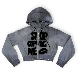 Custom Heavy Zipper Cotton Thick French Acid Wash Hoodies Sweatshirt Distress Embroidery Patch <b>Cropped</b> <b>Zip</b> <b>up</b> Hoodie Women - Product Image 1