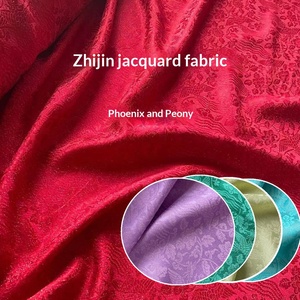 Traditional Wedding Costume Fabric Solid Red Phoenix Peony <b>Gold</b> Jacquard Heavy Crepe Silk Cloth For Chinese Hanfu Making - Product Image 1