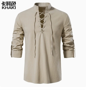 T-shirt pour homme à logo personnalisé, coupe ample, respirant, en coton et lin, style vintage <span class=keywords><strong>Henry</strong></span>, manches longues - Product Image 1