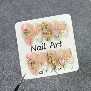 Ngắn Vừa Hình Dạng Hạnh Nhân Acrylic Móng Tay 3D Báo Chí Trên Móng Tay Handmade Pháp Mẹo Nhân Tạo Móng Tay - Product Image 6