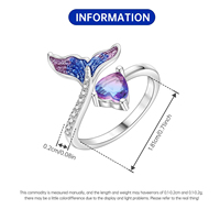 Bague ajustable unisexe en alliage plaqué argent, motif queue de sirène et cœur ouvert, avec dégradé de zircone cubique et émail, bijou de fête tendance, vente en gros