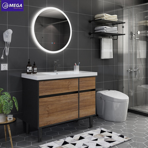 Mueble de Baño Moderno de Madera con Espejo Redondo LED, Venta al por Mayor de Fábrica, Gabinetes de Baño con <span class=keywords><strong>Lavabo</strong></span> de Cerámica Integrado - Product Image 1