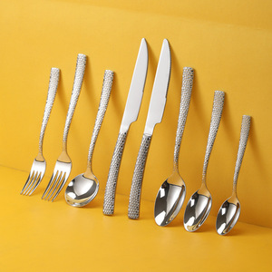 Ensemble de couverts en acier inoxydable 304 martelé, couteau, fourchette, cuillère, compatible lave-vaisselle, style occidental, pour steak, utilisation en soirée - Product Image 4