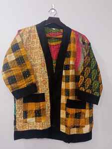 Veste unisexe en coton Kantha matelassé, faite à la main, style bohème vintage, écologique, respirante, col en V, manches longues, coupe classique, avec poches - Product Image 5