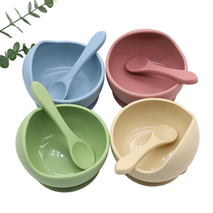 Juego de alimentación de silicona para bebés, tazón con ventosa y cuchara, forma irregular, color sólido, utensilios de comedor para niños - Product Image 1