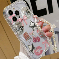 Coque de téléphone portable en TPU avec motif de boule de cerise à nœud papillon et bracelet, bord ondulé en forme de glace, pour iPhone 11 12 13 14 15 16 17 Air