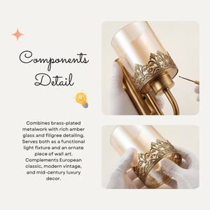 Lámpara de Pared Rosavelle de Diseño Excelente, de Latón de Lujo con Cristal Ámbar y Filigrana - Product Image 3