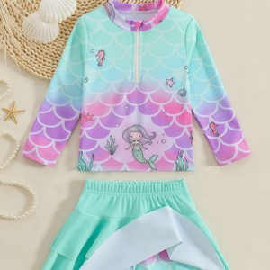 Ensemble de protection solaire sirène écologique et respirant pour filles, haut de bain à manches longues color block, jupe et short, ensemble deux pièces mignon - Product Image 3