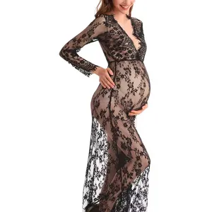 2024 Custom Deep V-Neck Wedding Pregnancy Party Long Dress Maternity Long Sleeve Lace Dress For Women