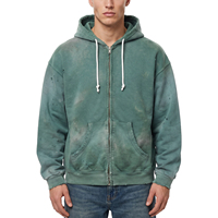 Vente en gros de sweats à capuche zippés pour hommes en coton épais, de haute qualité, vert ardoise délavé soleil, effet déchiré, style rétro vintage