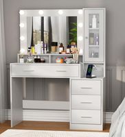 Coiffeuse de chambre moderne avec éclairage LED, tiroirs de rangement, armoire à portes vitrées, multiprise intégrée, idéale pour appartement