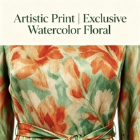 Robe midi légère à manches longues pour femme, style resort, imprimé floral tropical, tissu 100% viscose brillante, coupe biais et ceinture à nouer