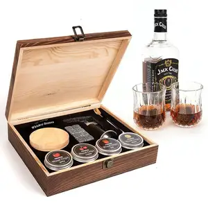 Sıcak satış ahşap viski içen puro kesici kiti kokteyl viski taşlar ile cam kutu Set ahşap cips meşale
