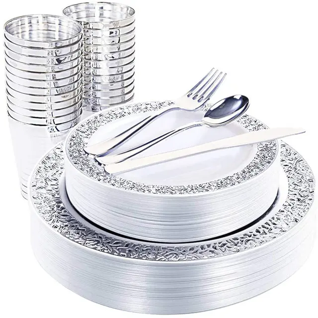 Plato desechable de 10,25 pulgadas para bodas, llanta de encaje de plástico, platos plateados