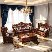 Europäisches Barock-Ledersofa-Set 3-Sitzer 2-Sitzer Sessel Geschnitzter Massivholzrahmen Gesteppt Braun Wohnzimmermöbel
