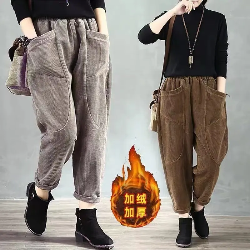 Pantalones cálidos de felpa gruesa de gran tamaño para mujer, calzas de pana de cintura elástica Vintage, pantalones bombachos holgados informales