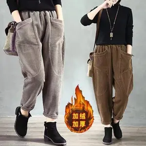 Oversize Autumn Winter Thick Plush Warm Pants Women Vintage Elastic Waist Corduroy Pants Woman Casual Loose Harem Trousers