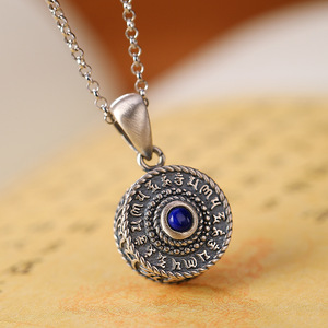 Colgante de lapislázuli de plata de ley S925 para hombres y mujeres, colgante de collar antiguo mate <span class=keywords><strong>Om</strong></span> Mani <span class=keywords><strong>Padme</strong></span> Hum, joyería - Product Image 4