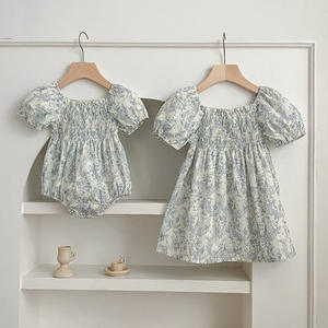 Sommer Neues Baby Mädchen Kinder Dünner Baumwoll-Blumen-Puffärmel Kurzarm Baby Body Strampler Mädchenkleid Schwestern Outfit - Product Image 2