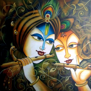 Tableau moderne sur toile : Portrait de divinités, peint à la main, Radhe Krishna, abstrait, jouant de la flûte, en acrylique - Product Image 1