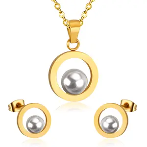 2020 Wholesale Hypoallergenic Stainless Steel Round Band Pearl Earrings and Necklace Jewelry Set