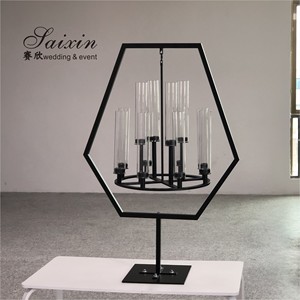 Geometric Hexagon Black Metal Hanging <strong>Candle</strong> <strong>Holder</strong> With 10 Glass Tubes For Wedding Decor - Product Image 2